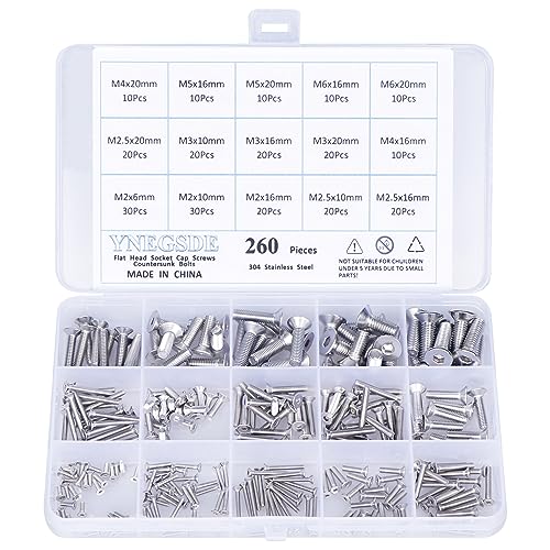 Flat Head Socket Cap Screws Countersunk Bolts M2 M2.5 M3 M4 M5 M6 Metric Screw Bolt Assortment 304 Stainless Steel Metric Machine Screws, Allen Socket Drive, Fully Threaded 260 Pieces