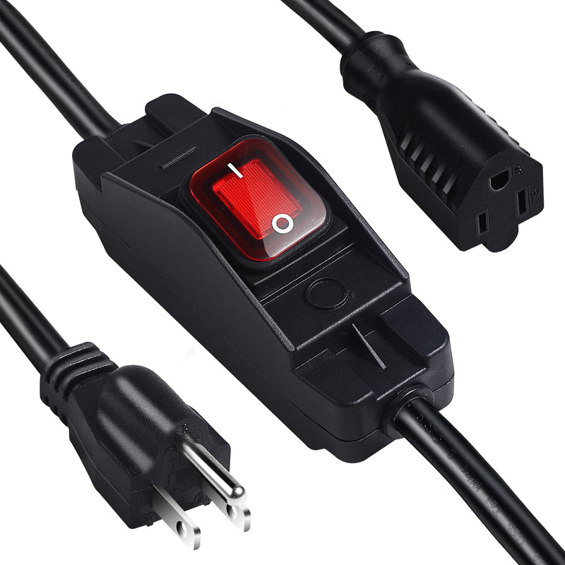 Outdoor Waterproof On/Off Switch Extension Cord, Heavy Duty 125v/250v Black SJTW Cord (6 Ft, Black) 6 Ft
