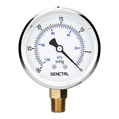 SENCTRL 30 inHg Vacuum Liquid Filled Low Pressure Gauge -15-0 Psi Lower Mount (Silicone Oil Filled)