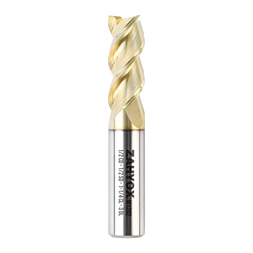 ZahyoX 3 Flutes ZrN Coated Square Nose End Mill for Aluminum, Solid Carbide Upcut Spiral CNC Router Bit, 1/2" Diameter, 1/2" Shank, 1-1/4 Cutting Length, 3" Overall Length, CNC Cutter Milling Tool 1/2"CD