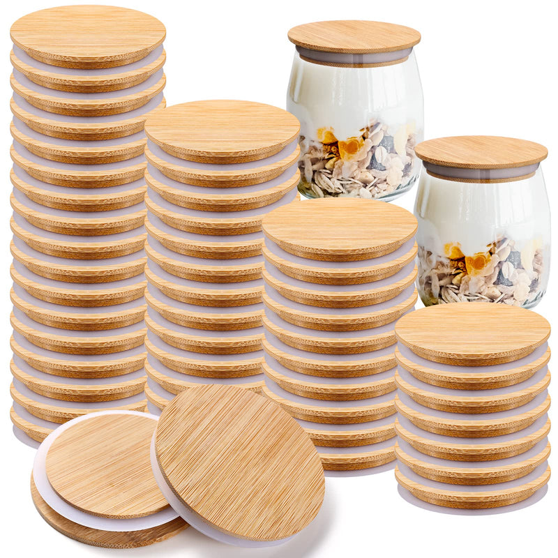 Roowest 40 Pcs Yogurt Jar Lids Bulk Compatible with Oui Yogurt Jars, Natural Bamboo Wooden Lids Round Reusable Canning Covers with Silicone Sealing Rings for Cookie Coffee Kitchen Food Airtight Store