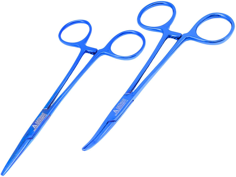 ARTMAN INSTRUMENTS Hemostat Forceps Curved & Straight 5” – Stainless Steel Locking Clamps for Fishing, Fly Tying, Crafts, Dental & Medical Use Serrated Jaws, Precision Grip Blue Plasma (2 Pack)