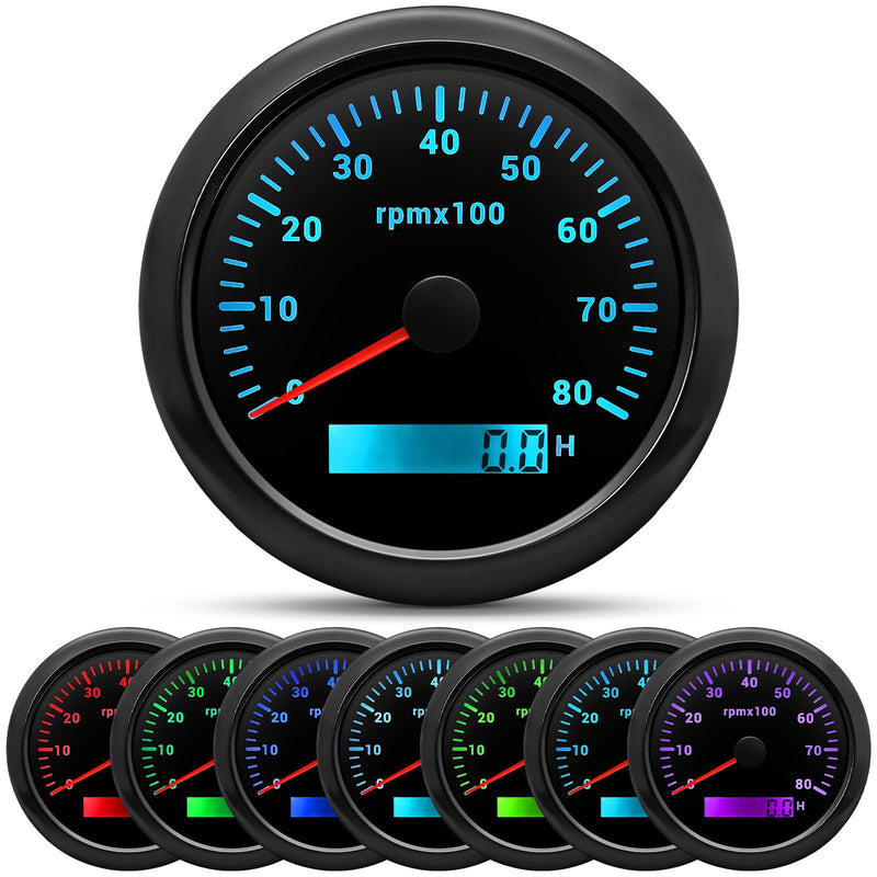 ARTILAURA Tachometer Boat Tacometro 85mm 3-3/8" 7 Color LED 8000 RPM Gauge for Car AUTO Marine Truck 9-32V (Black) Black