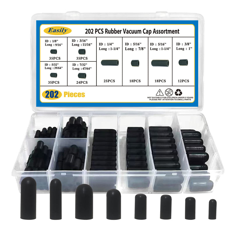 Vacuum Caps Rubber Plug Kit - 202 PCS 8 Size Assorted Vacuum Plugs Hose End Caps Assortment Kit for Carburetor, Manifold, Automotive 3/16'' 5/16" 7/32" 1/4" 5/32'' 3/8'' 1/8''