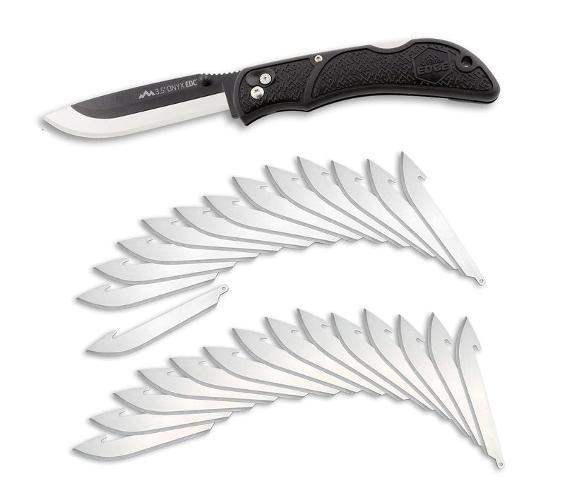 OUTDOOR EDGE Onyx EDC 3.5" Folding Pocket Knife – Replaceable Blade System with 27 Razor-Sharp Blades, Pocket Clip & Lockback Safety - Everyday Carry Knife for Outdoorsmen, Hunters & DIY Tasks 3.5" Onyx (27 Blades)