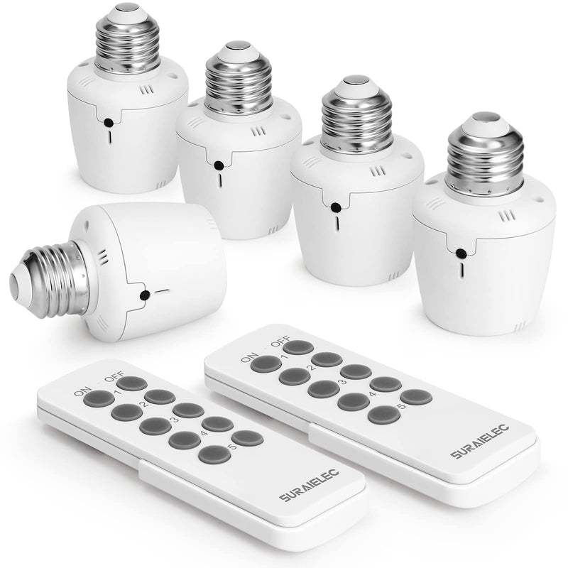 SURAIELEC Remote Control Light Socket, E26 E27 Bulb Base, 100FT Range, Wall Mountable Wireless Light Switch for Lamps, Pull Chain Light Fixture, Pull String (5 Sockets 2 Remotes, Shorter Version) 5 Sockets+2 Remotes