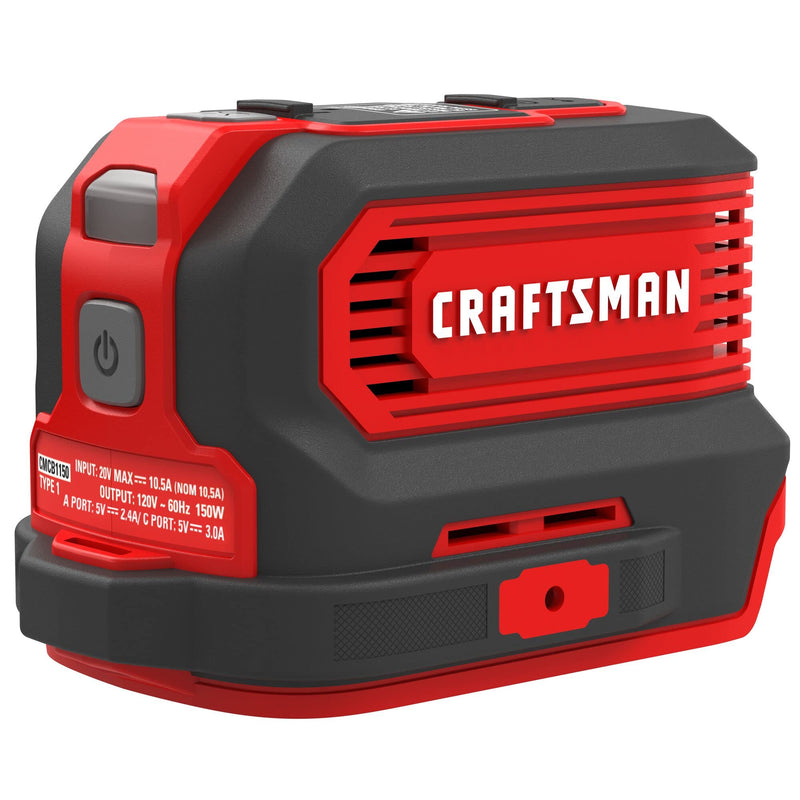 CRAFTSMAN V20 Charger, Power Inverter, Charging Ports for Type-C, Type-A, and AC, 150 Watts, Bare Tool Only (CMCB1150B)