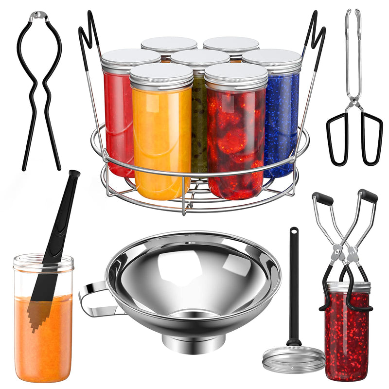 Pisol Canning Supplies Starter Kit, 7 Piece Canning Tools Set with Stainless Steel Rack, Wide Mouth Funnel, Kitchen Tongs, Jar Lifter, Magnetic Lid Lifter, jar Wrench, Bubble Popper Black