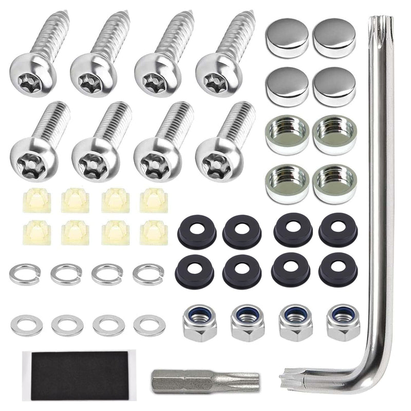 Anti Theft License Plate Screw Kit Tamper Proof License Screws Car License Plate Bolts 304 Stainless Steel Plate Mounting Hardware - 1/4’’ Screws with Chrome Screw Caps Silver
