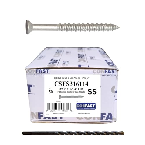 CONFAST 3/16" x 1-1/4" Concrete Screws 410 Stainless Steel Phillips Flat Countersunk with Concrete Drill Bit for Anchoring to Masonry, Block or Brick (50 per Box) 3/16" x 1-1/4"