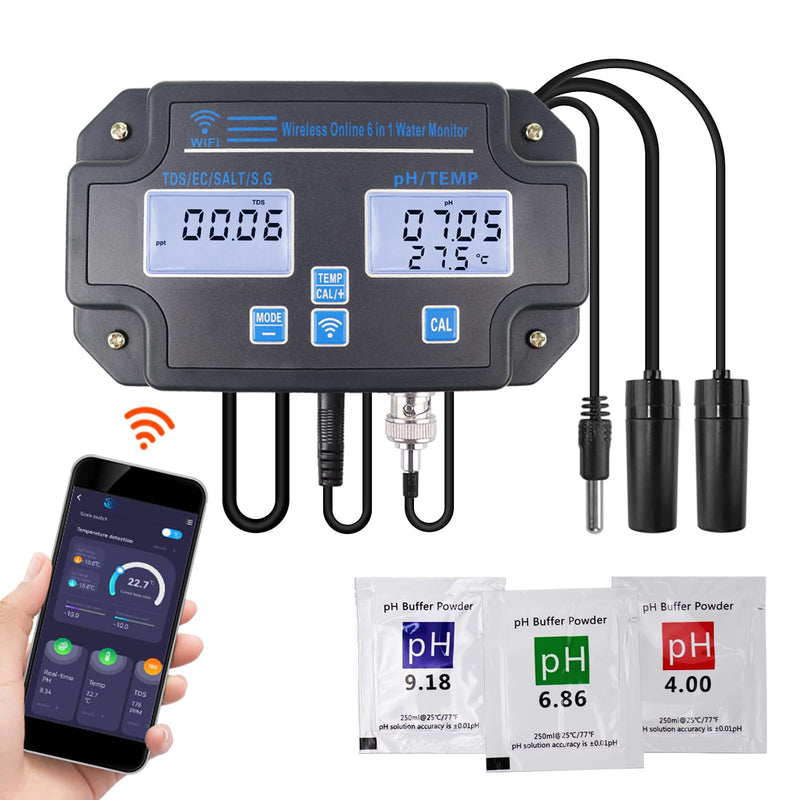 Water Quality Tester pH/EC/TDS/Salinity/SG/Temperature with Easy Calibration 24Hrs Online APP Monitoring for Fish Tank Aquariums Home Laboratory Smart Instrument 6 in 1 Digital pH Meter