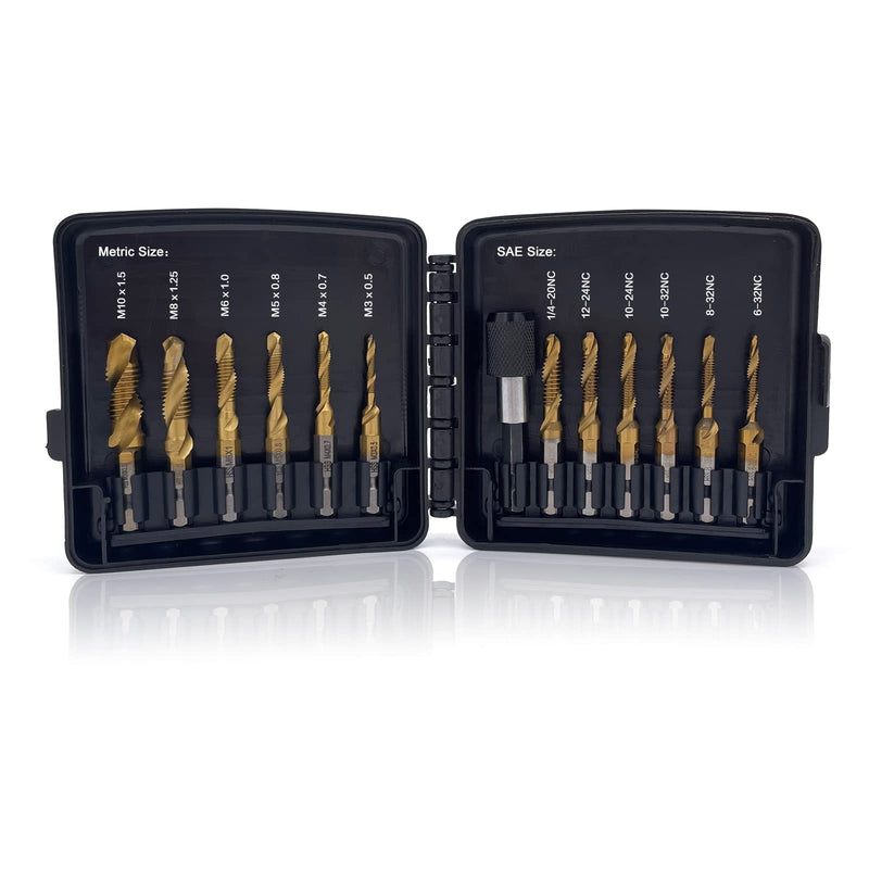 Combination Drill & Tap Bit Set, 6 pc SAE (6-32NC ~ 1/4-20NC) and 6 pc Metric (M3 ~ M10) Titanium Coated Drill Bits Kit for Drilling Screw Threads Tapping Countersinking, with Quick Change Adapter 13 Pcs Drill Tap Set