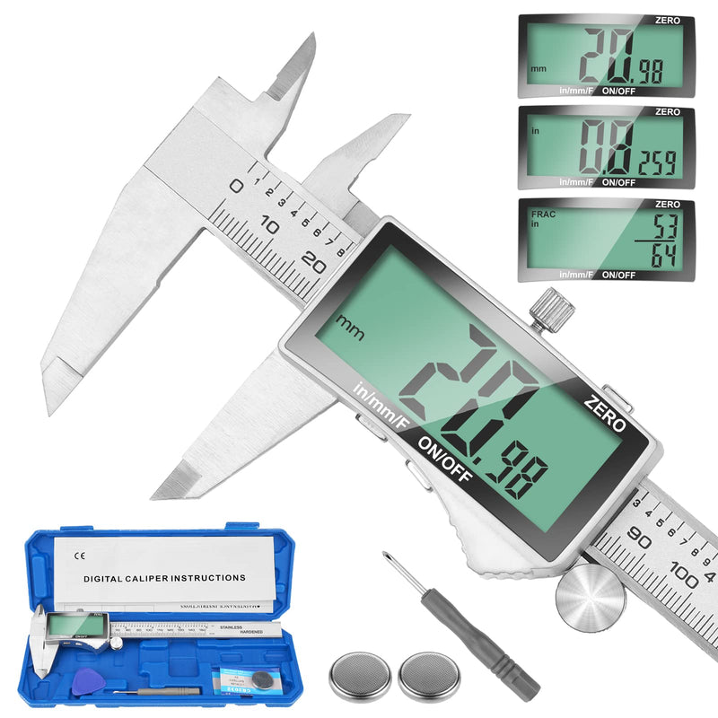 Digital Caliper, 6 Inch Caliper Tool with Extra Large LCD Screen, Auto-Off Feature, Easy Switch from Inch Metric Fraction, Stainless Steel Vernier Caliper Measuring Tool for DIY/Household Stainless Steel-Large LCD