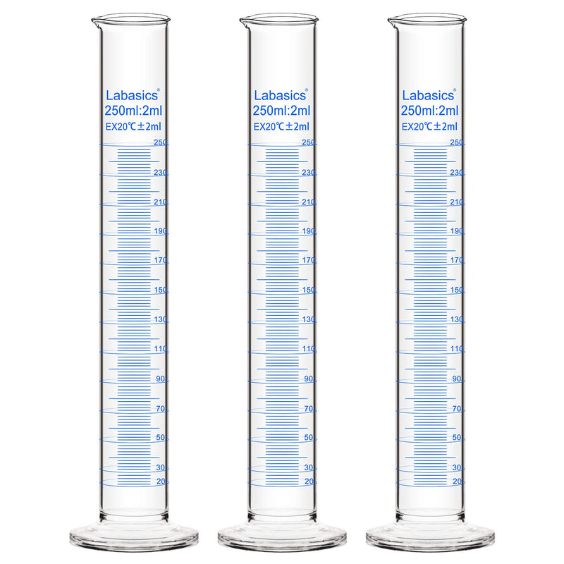 Labasics 3-Pack Borosilicate Glass 250 ml Heavy Wall Graduated Cylinder Measuring Cylinder