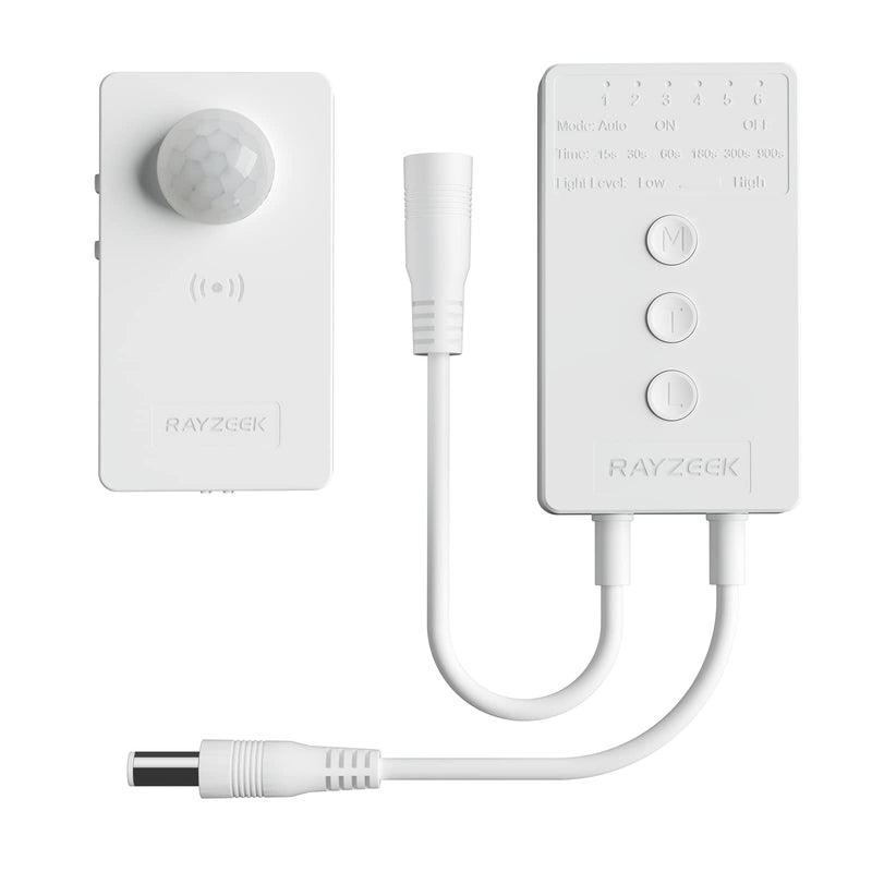 RAYZEEK Wireless Motion Sensor Controller Kit - No Wiring Mini PIR Sensor Switch 12/24VDC RF Wireless Control Led Strip Lights with Dimmable, Timer for Stairway Controller*1+Motion Sensor*1