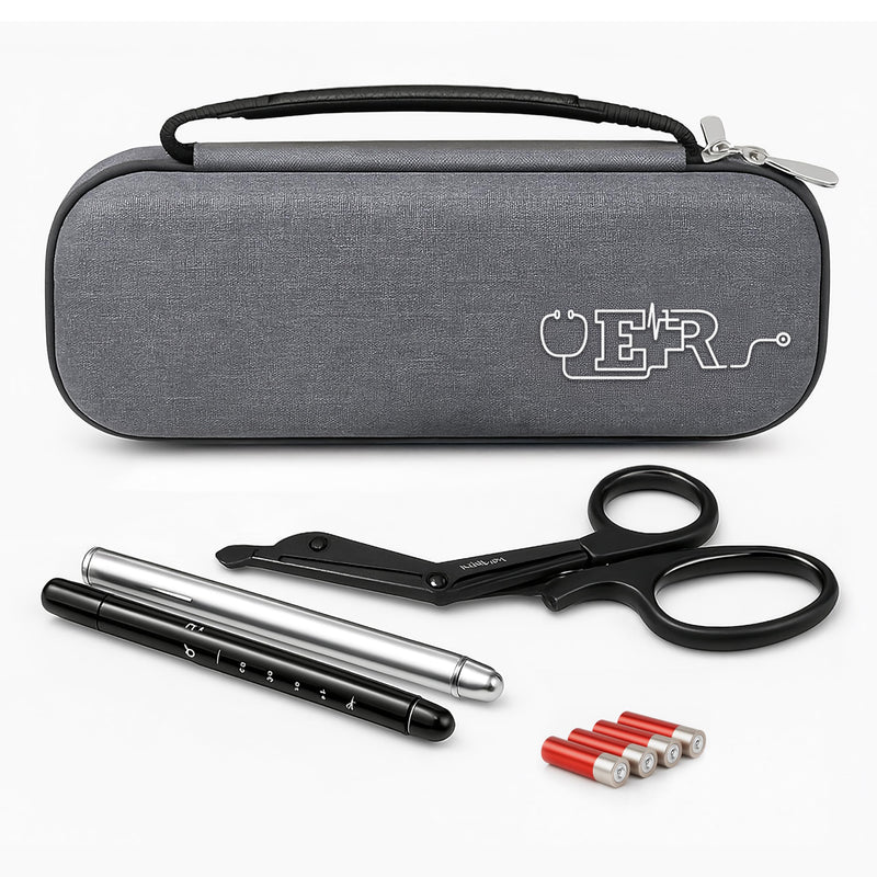 Ever Ready First Aid Stethoscope Case Including Titanium Shears, 2 Penlights Black & Silver Fits Littmann-Type Stethoscope, Rubber Grip Handle - Gray