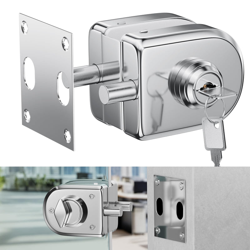 Ranbo Swinging Glass Door Latch Lock No Drilling 304 Stainless Steel Gound Bolt Lock for 3/8-1/2 Inch(10mm-12mm) Exterior and Interior Frameless Sliding Glass Door with 2 Keys, Polished Chrome LE-30A-Polished