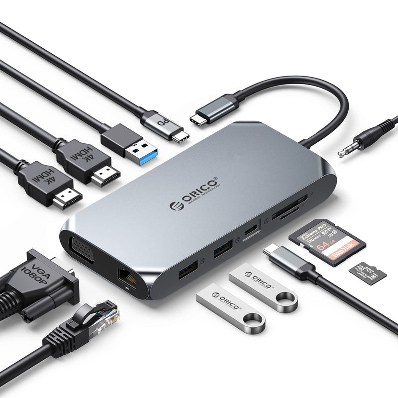 Docking Station USB C to Dual HDMI Adapter, ORICO 12 in 1 USB C Hub with Dual HDMI, VGA, 100W PD, Ethernet, 2 USB-A 3.1, 1 USB 2.0, 1 Type-C 3.1, SD/TF, Audio, Compatible for Windows/Mac OS（Grey） X11 Grey