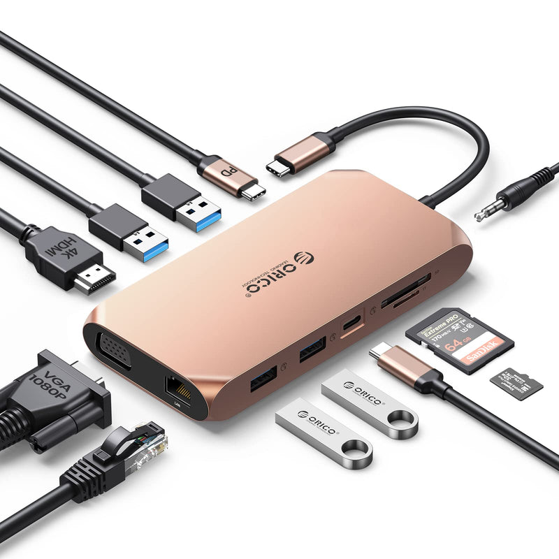 Docking Station USB C to HDMI Adapter, ORICO 12 in 1 USB C Hub with 4K HDMI 1.4, VGA, 100W PD, Ethernet, 5 USB Data Ports, SD/TF, Audio, Compatible for Windows/Mac OS（Rose Gold） X22 Rose Gold
