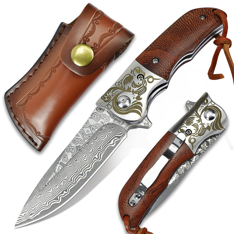 AUBEY Damascus Pocket Knife with Clip, Folding Knives with VG10 Damascus Steel Blade, Wooden Handle, Foldable EDC Knifes for Outdoor Survival Collection Gift A-Rosewood Handle