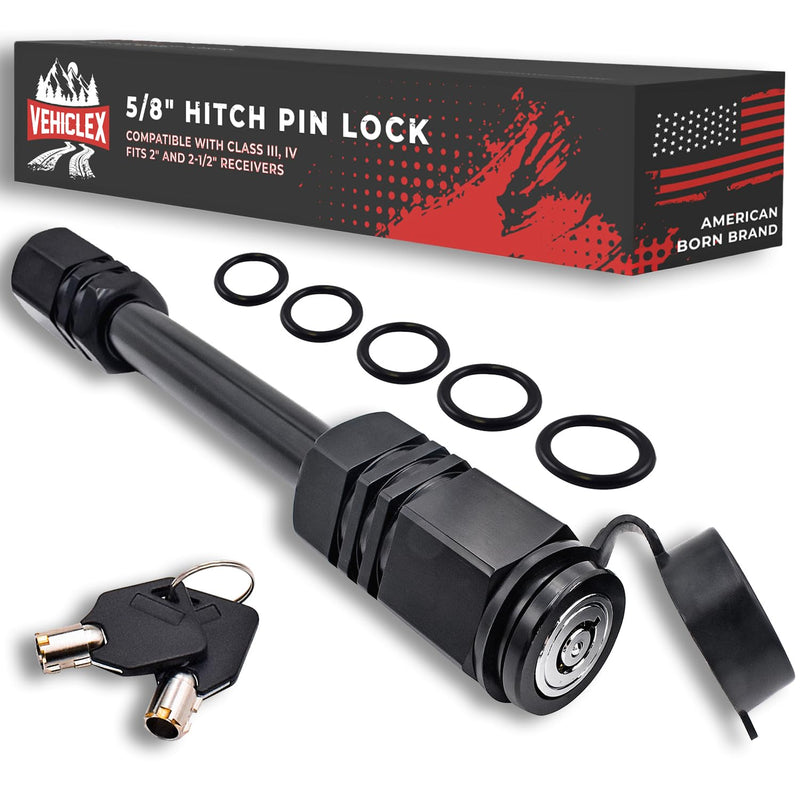 Trailer Hitch Pin Lock for 2" Receiver - Vehiclex Secure 5/8" Locking Pin for Class III, IV Hitch with Exclusive Tubular Key, Built Tough for Dust, Mud, and Thieves 2"-2.5"