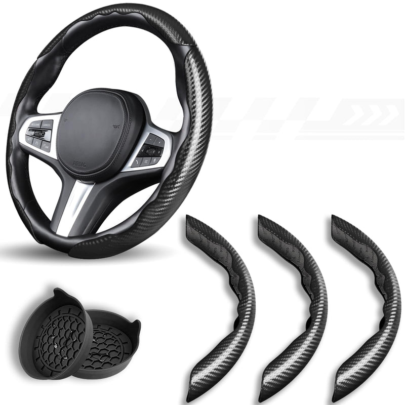3 Piece Carbon Fiber Steering Wheel Cover,Car Steering Wheel Protector with Non-Slip Lining,Breathable Microfiber Universal for 14.5-15 inch,Black Black Standard Size[14"1/2-15"]