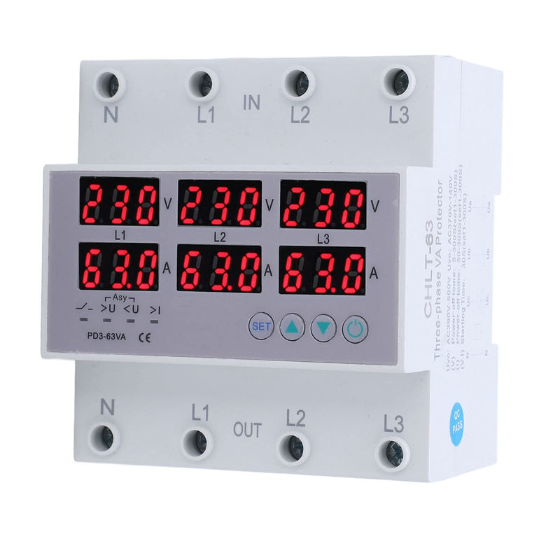 Digital 3 Phase DIN Rail Voltmeter Ammeter, AC230-300V Electricity Usage Monitor, Watt Kwh Frequency Power Factor Meter Multimeter Current Power Tester (63A)