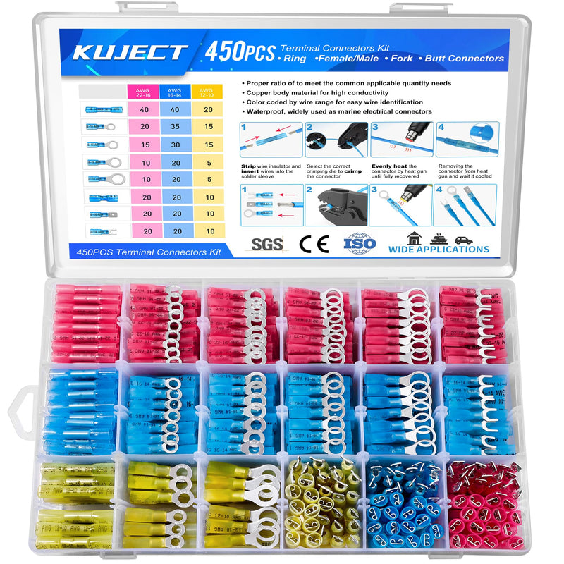 Kuject 450PCS Heat Shrink Wire Connectors, Multipurpose Waterproof Electrical Wire Terminals kit, Insulated Crimp Connectors Ring Fork Spade Butt Splices for Automotive Marine Boat Truck 450