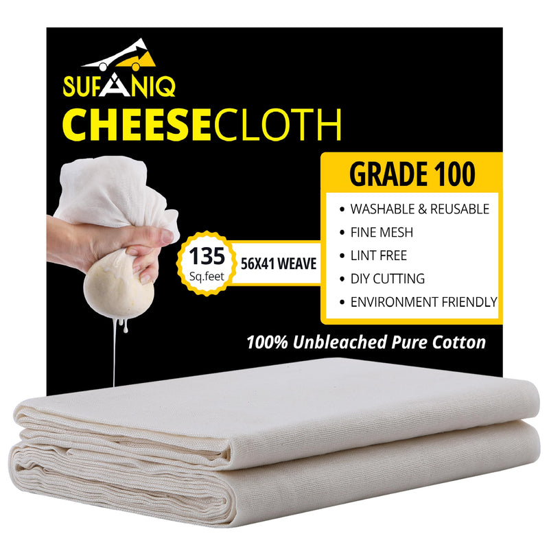 Sufaniq Cheese Cloths, Grade 100 (135 Sq Feet) 100% Pure Cotton Reusable Cheesecloth, Unbleached Ultra Fine Fabric, Cheesecloth for Straining, Premium Butter Muslin Cloth for Straining - 15 Sq Yard Grade 100 - 15 Yard
