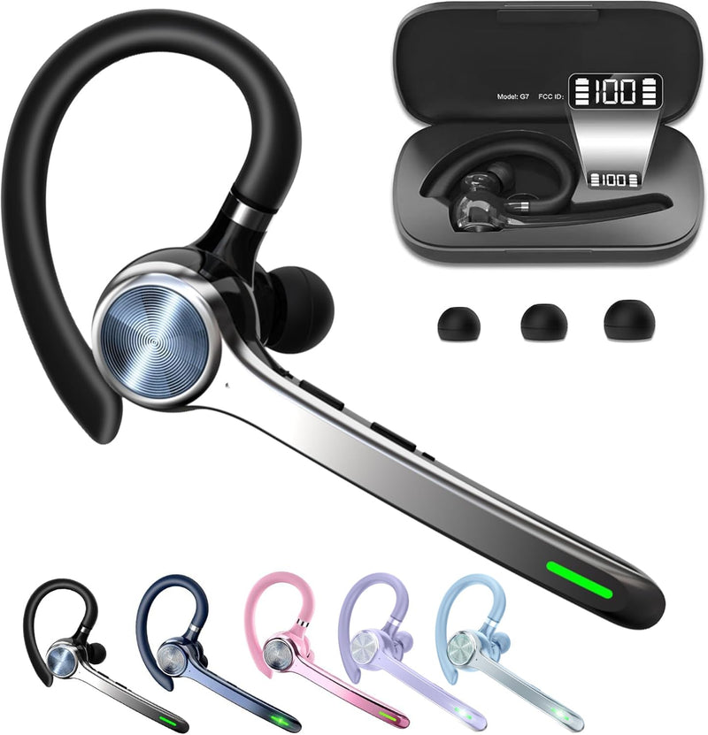 HEIBAS Bluetooth Headset, Wireless Earpiece with Mic for Work | 72H Playtime, 500mAh Charging Case, Hands-Free Calling with Mute Button for Work, Trucker, Office, Driving, iPhone, Black
