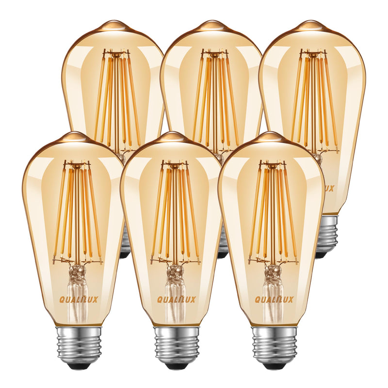 Qualilux Dusk to Dawn Light Bulbs, Auto On/Off Light Sensing LED Bulbs Outdoor, Vintage Amber, Edison ST19 6-Pack, 6.5W 700LM 60W Equivalent, HQ-H028