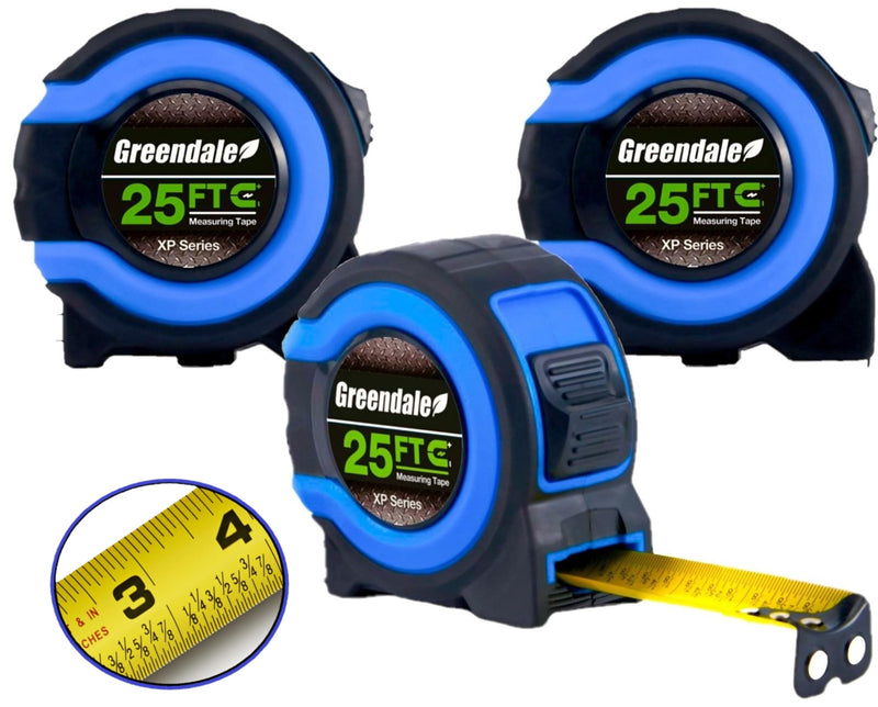 Greendale – 3 Pack Tape Measures 25 ft – Easy-Read Fractions, Magnetic Tip, Quick-Lock & Auto-Retract – Heavy-Duty Measuring Tape with Belt Clip – Blue 25ft