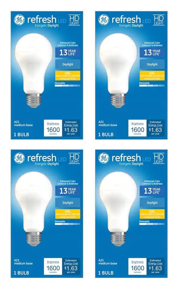 (4 Bulbs) GE Refresh LED A21 1600 lumens, 100 watt Equivalent Using only 13.5 watts, Bright Energetic Daylight