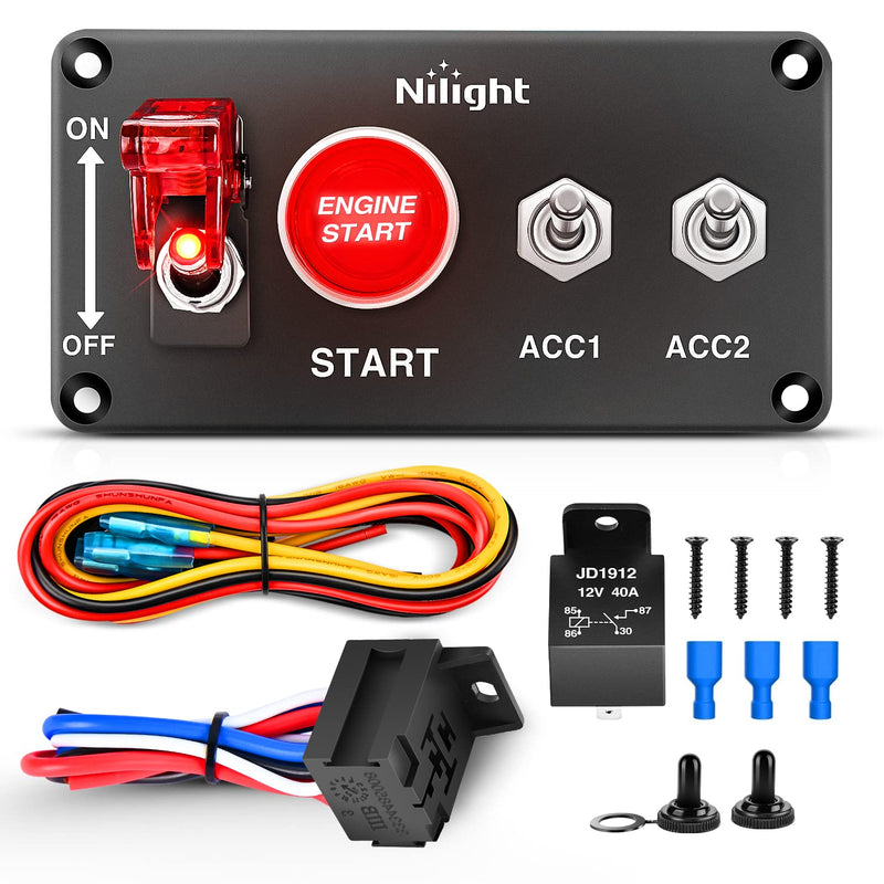 Nilight Ignition Rocker Switch Panel 12V 4 in 1 with Engine Push Button Toggle Switches with Relay Wiring Harness LED for RV Truck Racing Car Boat Marine Trailer Red 4 in 1 Panel