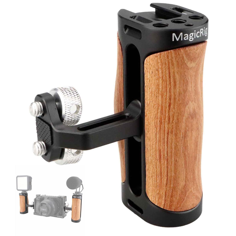 Side Handle Wooden Handgrip with Two 1/4"-20 Screws for DSLR Camera Vlog Camera Cage, Portable Mini Handle for Left/Right Hand with Cold Shoe 1/4" 3/8" ARRI Thread, Up and Down Adjustable 1/4"-20 Screw