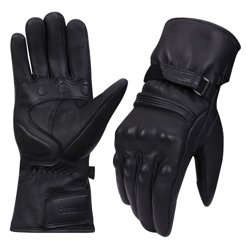 Harssidanzar Motorcycle Gloves for Winter,Mens Genuine Leather Full Finger TouchScreen Thermal Lined with Thinsulate Waterproof Motorcycles Motorbike Riding Gloves KM048,Black,Size XL X-Large Black