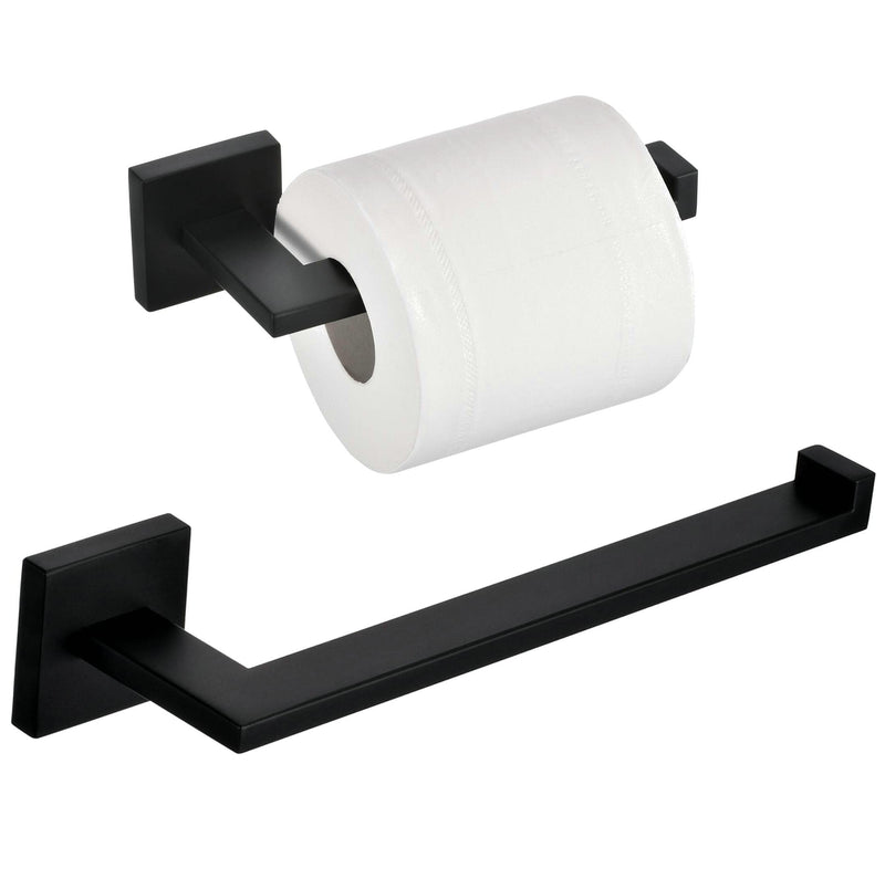 Matte Black Bathroom Accessories Hardware Set 2 Pieces, Toilet Paper Holder + Hand Towel Holder, Wall Mounted Towel Ring Towel Bar, SUS304 Stainless Steel, SHUNLI Matte Black