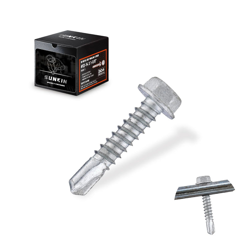 SUNKIN 100PCS Self Tapping Screws for Metal, Bi-Metal Stainless Steel 304 Rustproof, #12 x 1-1/8" Hex Head, Hardened Self Drilling Tip for Steel, Extreme Long Service Life #12 x 1-1/8 inch (100 pcs)