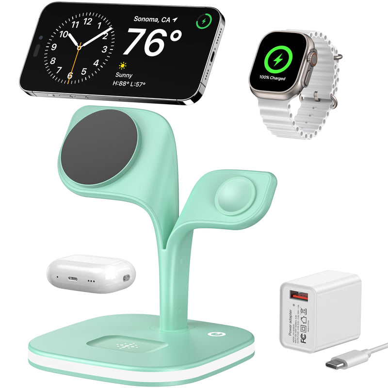 EXW Charging Station, Magnetic Wireless Charger,5 in 1 Fast Mag-Safe Wireless Charger Stand for iPhone 17/Air/16/15/14/13/12 Pro/Max/Mini/Plus, Apple Watch 10/9/ 8/7/6/SE/5/4/3/2 and Airpods 3/2/Pro Green