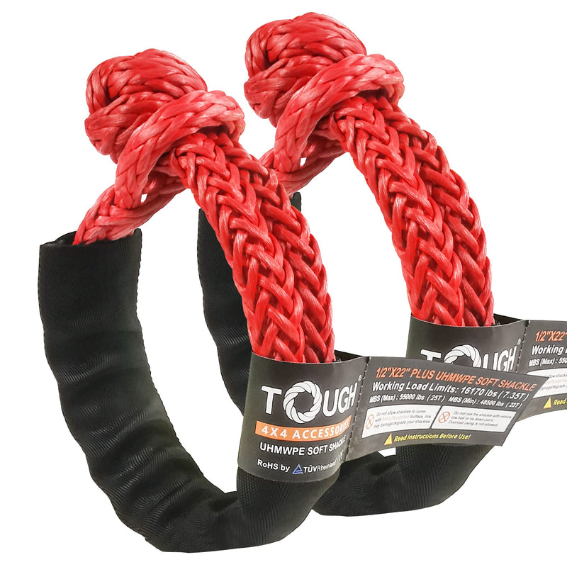 TOUGH 2 Pcs Synthetic Soft Shackle 1/2 x 22 Inch (55,000lbs Breaking Strength) Rope Shackle with 4 Sleeves for Sailing SUV ATV Truck Jeep Off Road Recovery (1/2" X22" Plus, Red 2-Pack, 2) 1/2" X22" PLUS