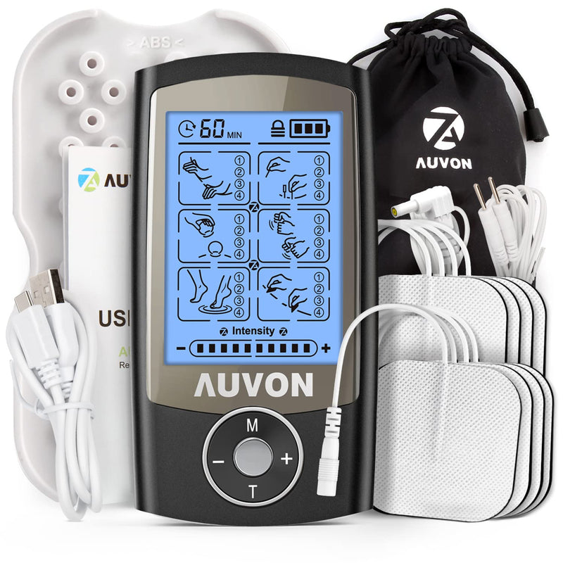 AUVON Rechargeable TENS Unit Muscle Stimulator, 24 Modes 4th Gen TENS Machine with 8pcs 2"x2" Premium Electrode Pads for Pain Relief Black