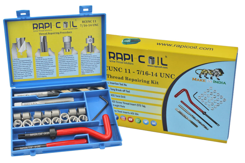 7/16-14 UNC Thread Repair Helicoil Kit, HSS M2 Tap & Drill, SS 304 Wire Inserts - Made in India 7/16-14 UNC