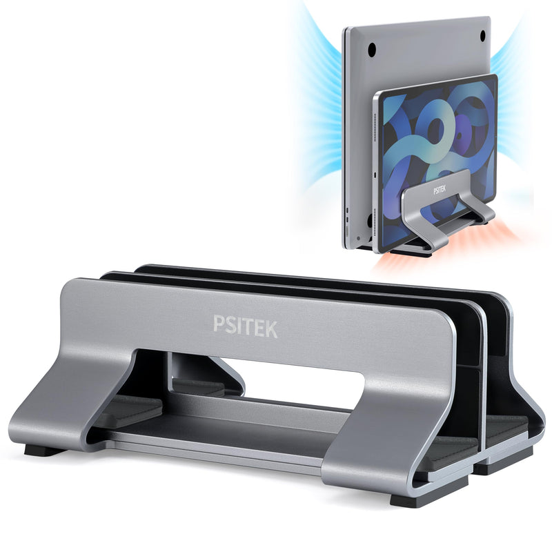 Aluminum Dual Vertical Laptop Stand Dock Holder, Supports 2 Devices, Adjustable Slot Width 15-36mm, Space-Saving Upright Storage for MacBook and Laptops 2 Slots Space Gray
