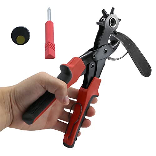 Belt Hole Puncher for Leather Heavy Duty Non-Slip Handle Rotating 6 Heads Professional Punch Tool Revolving Punch Plier Kit (3 Round Holes + 2 Flat Holes + 1 Oval Hole) 3 round holes + 2 flat holes + 1 oval hole