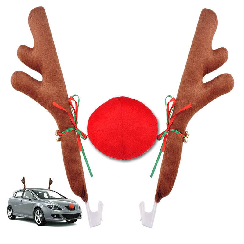 Christmas Reindeer Antlers & Nose for Car Auto Decoration, Cute Rudolph Reindeer Jingle Bell Added to Holiday Spirit(Large Size) 16 inch No Tail