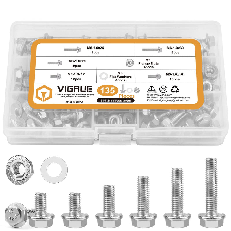 M6-1.0 x 12/16/20/25/30mm Flanged Hex Head Bolts, VIGURE 135PCS M6 Flange Hexagon Screws Serrated Flange Nuts Washers, Stainless Steel 18-8 (304), DIN 6921 M6-1.0