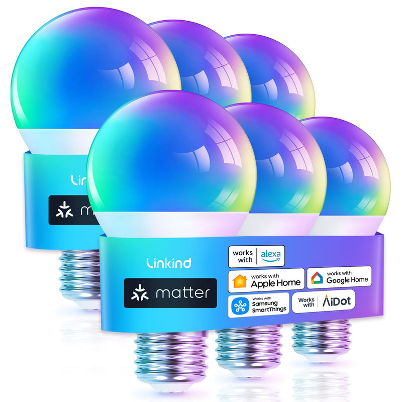 Linkind Matter Smart Light Bulb, WiFi Smart Bulbs, Work with Apple Home, Siri, Alexa, Google, SmartThings, AiDot, RGBTW Color Changing Bulbs Mood Lighting, Music Sync, A19 E26 60W, 2.4Ghz WiFi 6 Pack 6 Pack Matter-enabled