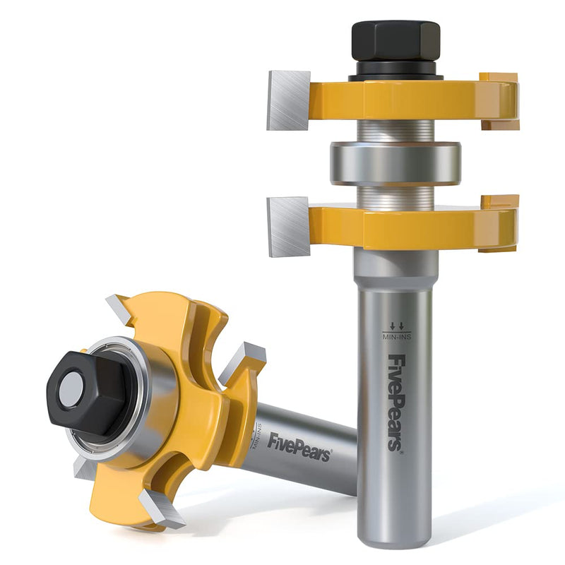 FivePears Adjustable Tongue and Groove Router Bit Set with 1/2 Inch Shank, Shaker Style 3 Teeth T Shape Wood Milling Router Bit for Match Oak Hardwood Floor Wainscoting Boards Joinery 1/2-Inch Shank Adjustable Tongue and Groove Router Bits
