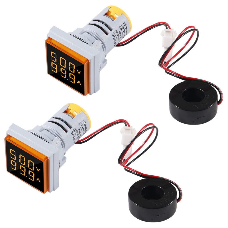 AITRIP 2Pack LED Display Voltmeter, Square Dual Display Voltmeter and Ammeter LED Digital Voltage Gauge AC 60-500V 0-100A Current Meter Indicator Yellow