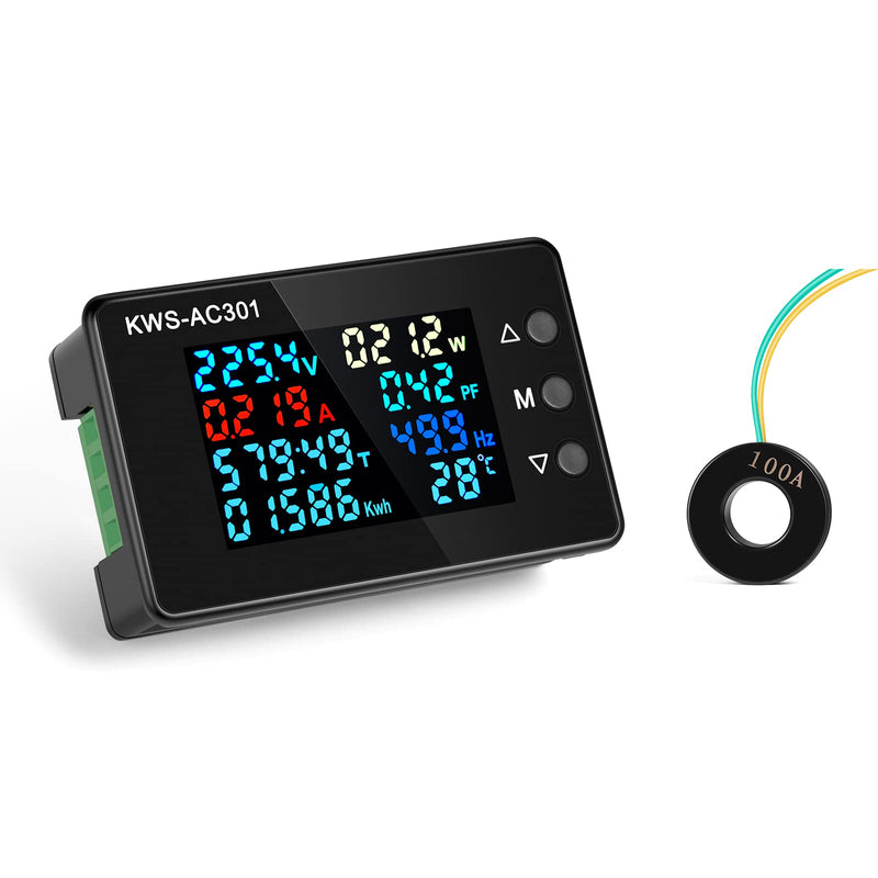 AC Voltmeter Ammeter 50-300V 0-100A Digital Multimeter 110V 220V LCD HD Display Current Voltmeter With Closed Current Transformer 8 In 1 Multifunction Electric Energy Meter Power Detector 100A with Closed Current Transformer